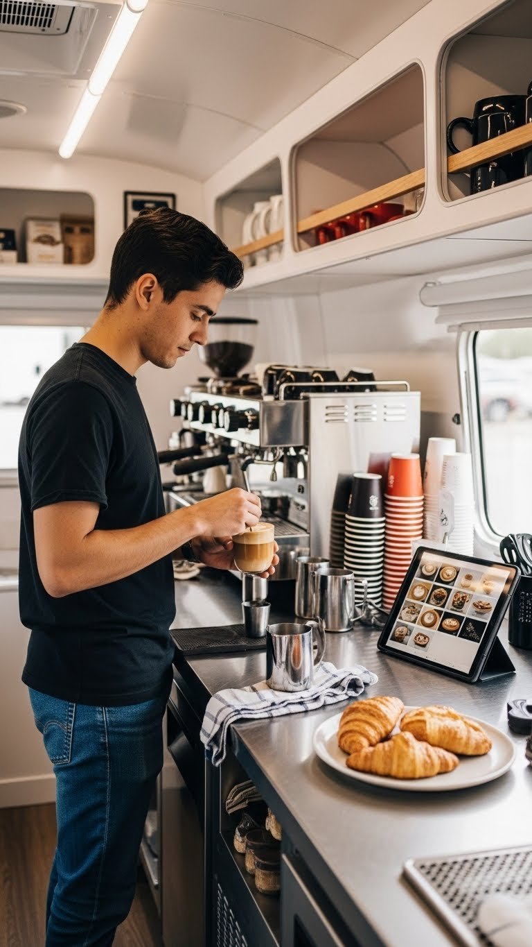 Barista crafting latte inside coffee trailer with blurred customer queue and inventory tablet