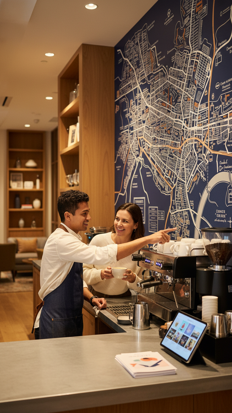 Barista pointing to city map while interacting with guest at boutique hotel coffee counter