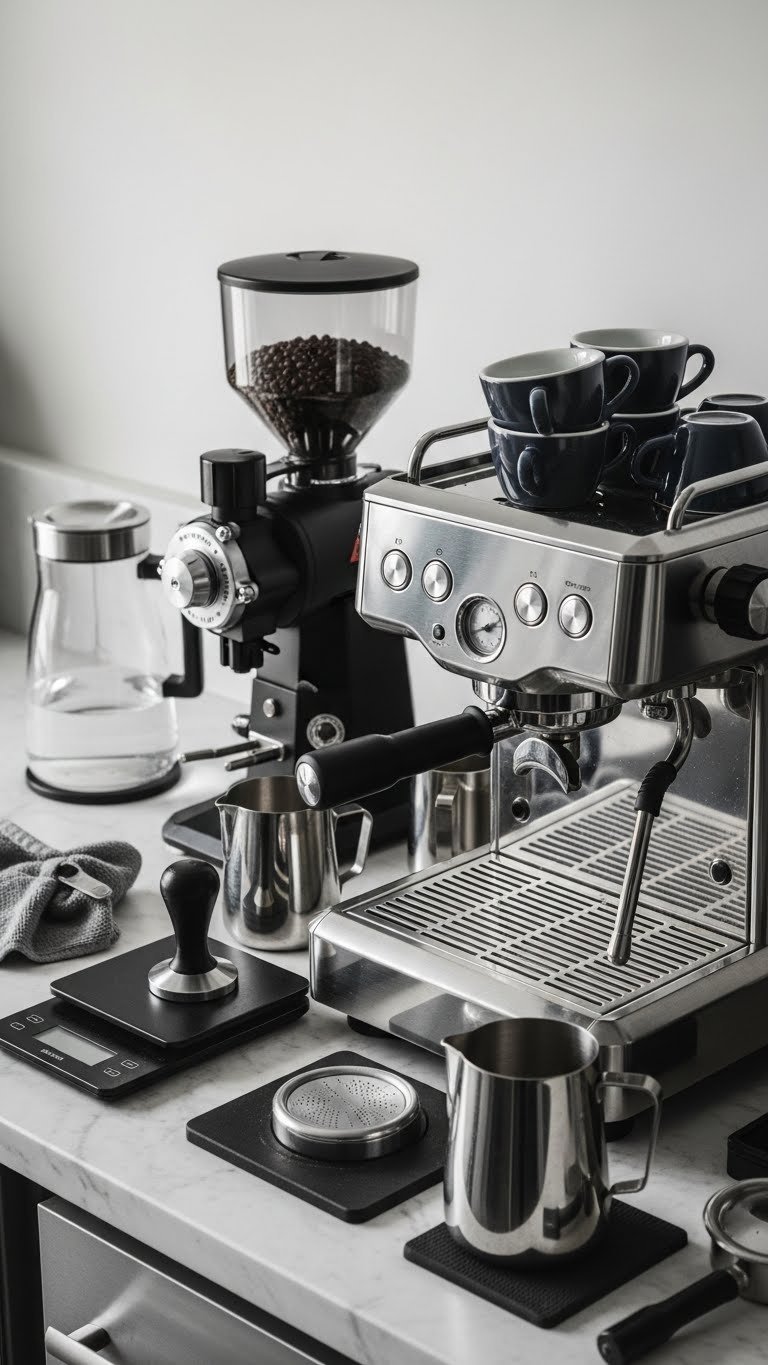 Barista-style espresso station with professional bakers rack featuring high-end espresso machine and grinder tools