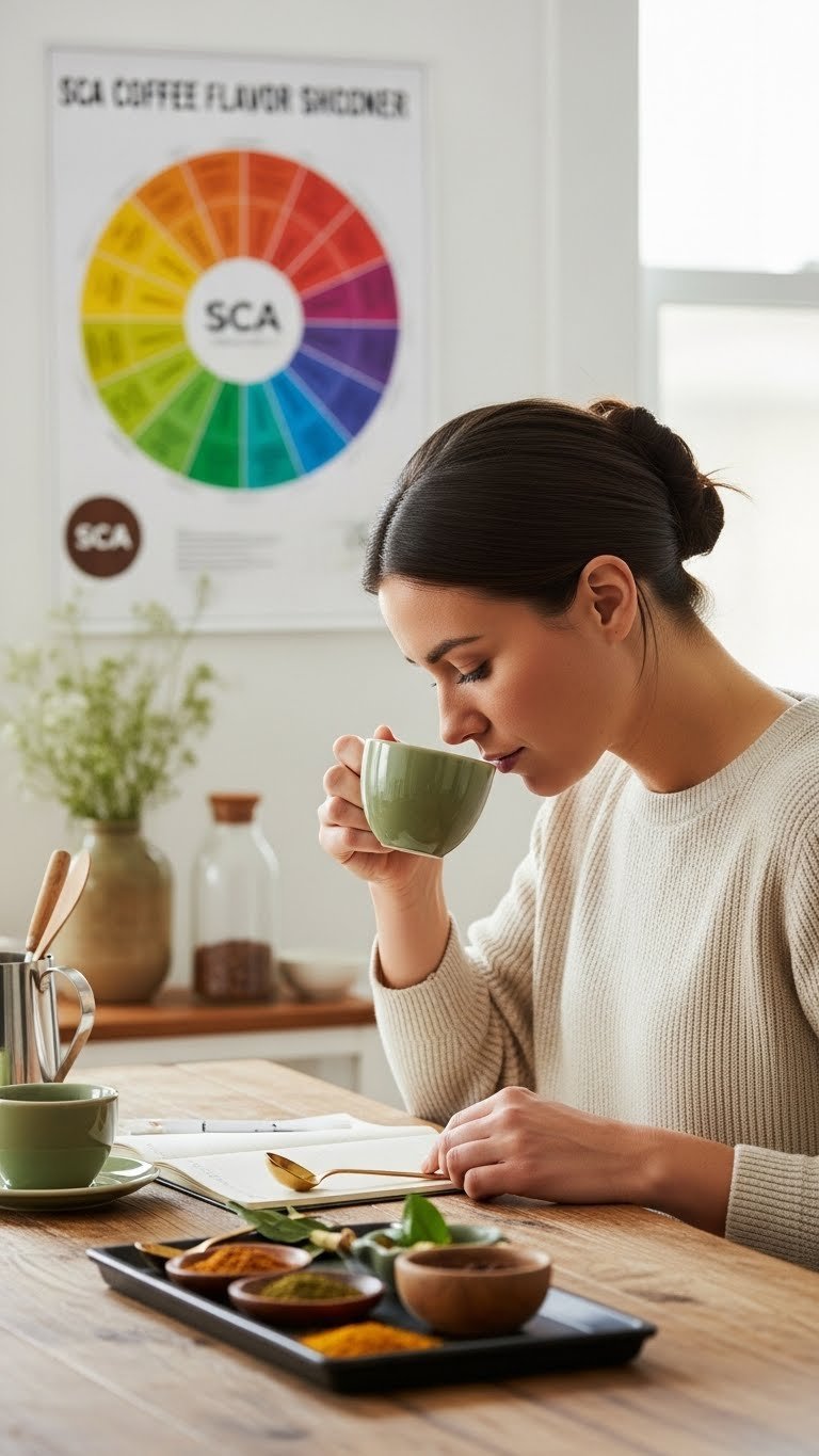 Barista thoughtfully tasting coffee while referencing SCA Flavor Wheel poster with ceramic cup and notepad on rustic wooden table