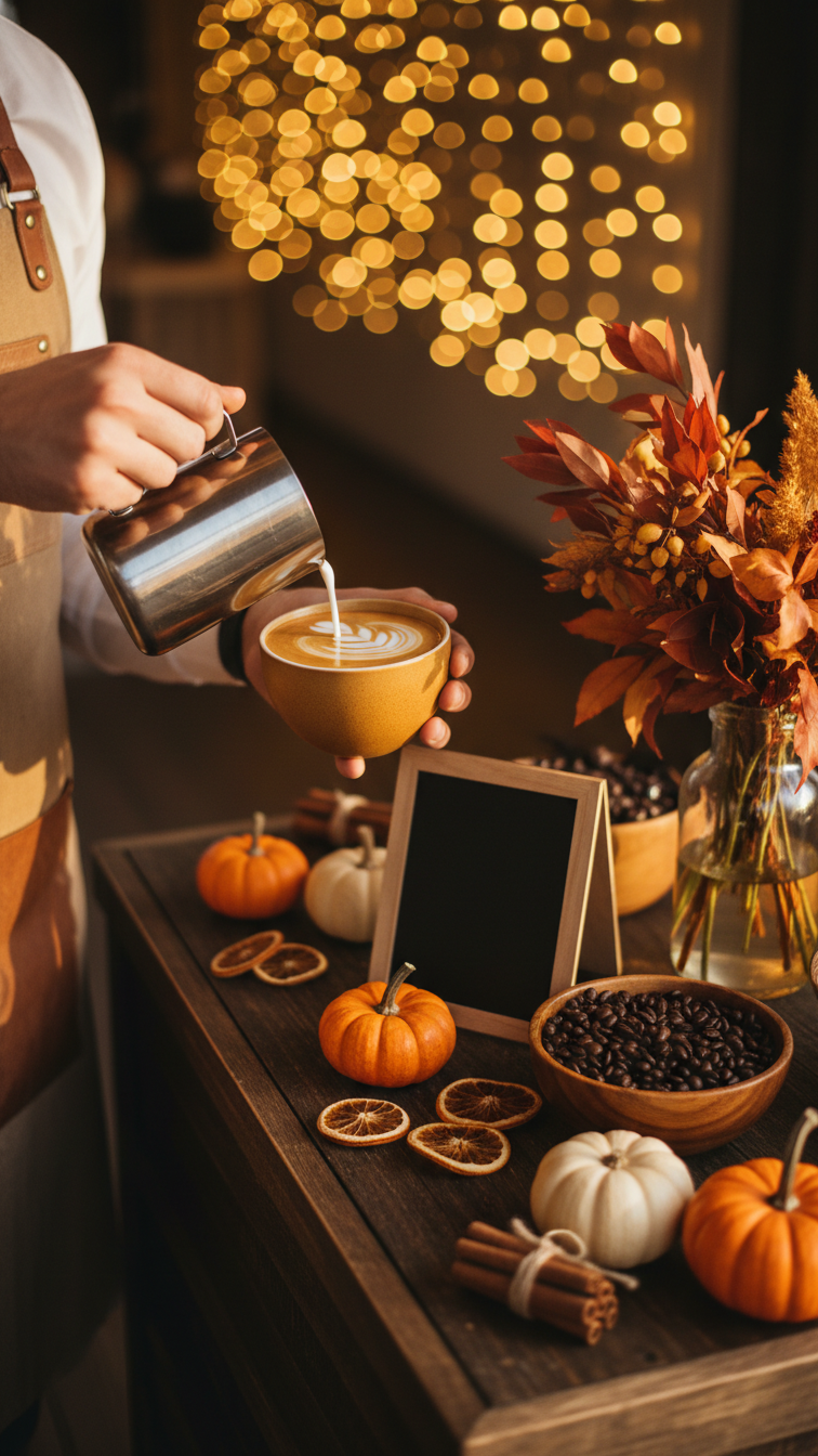 Barista's hands pouring steamed milk into pumpkin spice latte on rustic autumn coffee cart with mini pumpkins