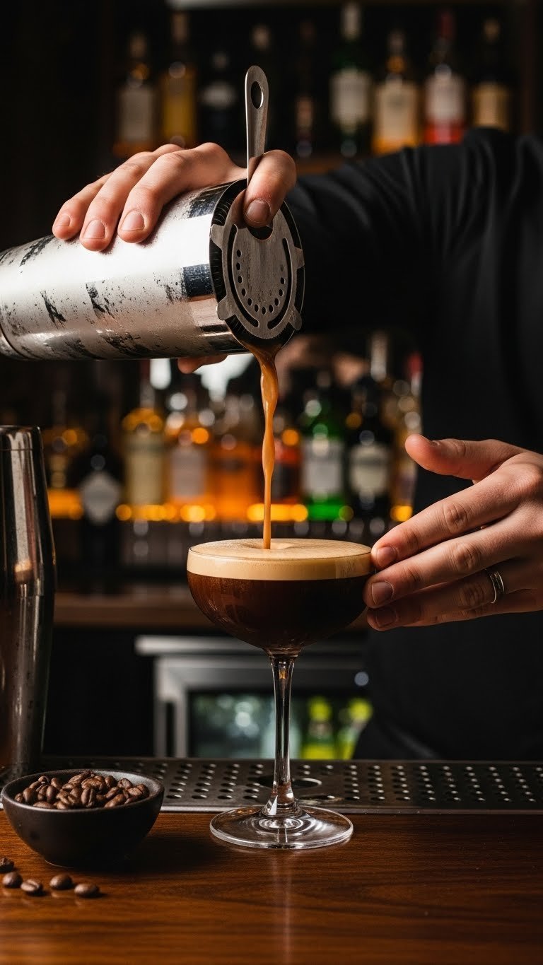 Bartender pouring espresso martini from cocktail shaker into coupe glass at wedding after-party