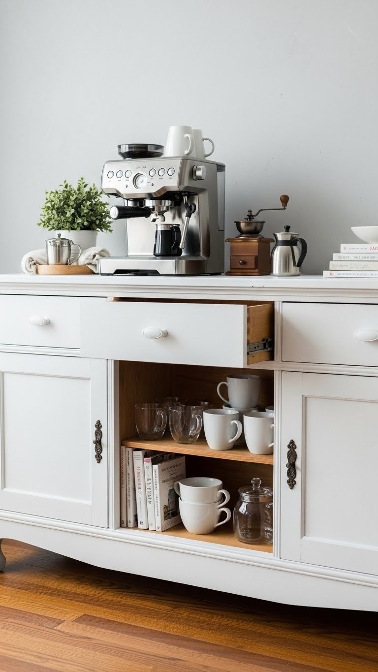 Beautiful white chalk-painted dresser coffee bar with open shelves displaying glass mugs, espresso machine, and coffee accessories against soft gray wall