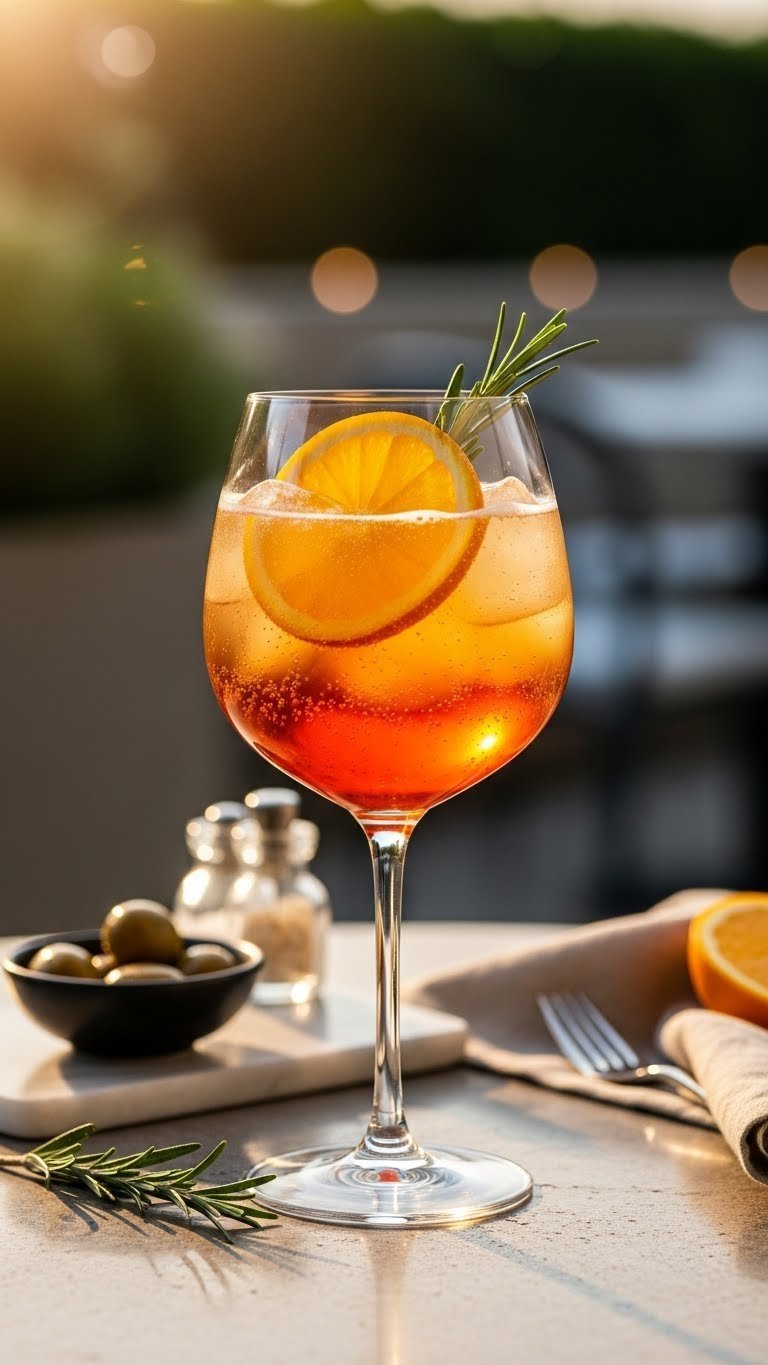Beautifully layered zero-proof spritz in wine glass with amber base, orange slice, and rosemary garnish on sunlit patio setting