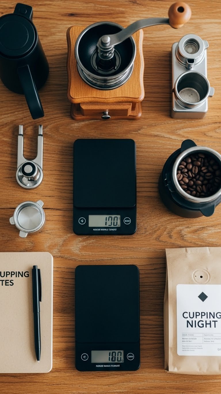 Beginner barista toolkit gift with manual burr grinder, digital scale, and whole coffee beans on wooden table