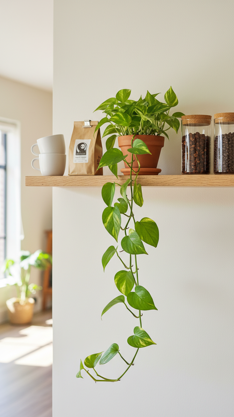 Biophilic coffee bar with light wood shelf featuring built-in plant cutout and trailing pothos vine cascading down