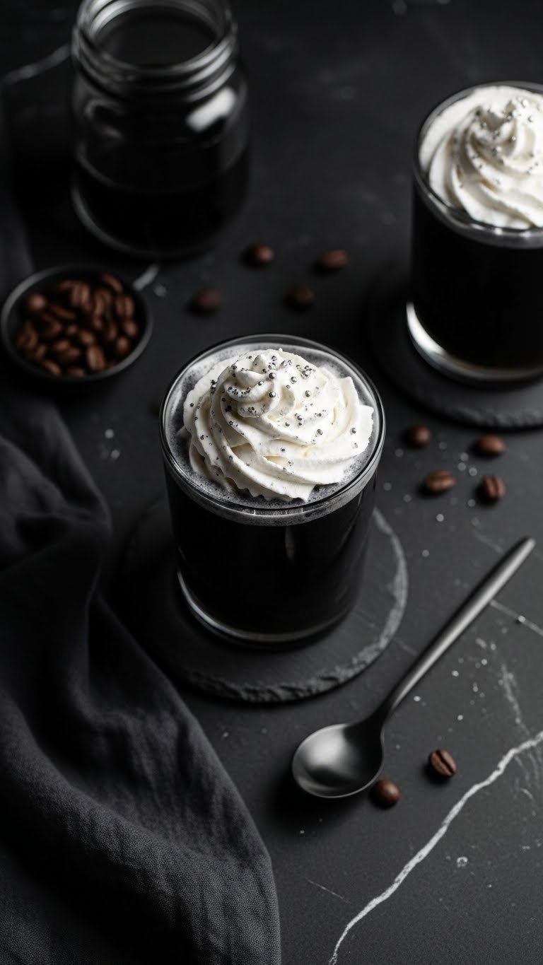 Black Magic charcoal cold brew with inky black coffee and white whipped cream topping on dark slate surface
