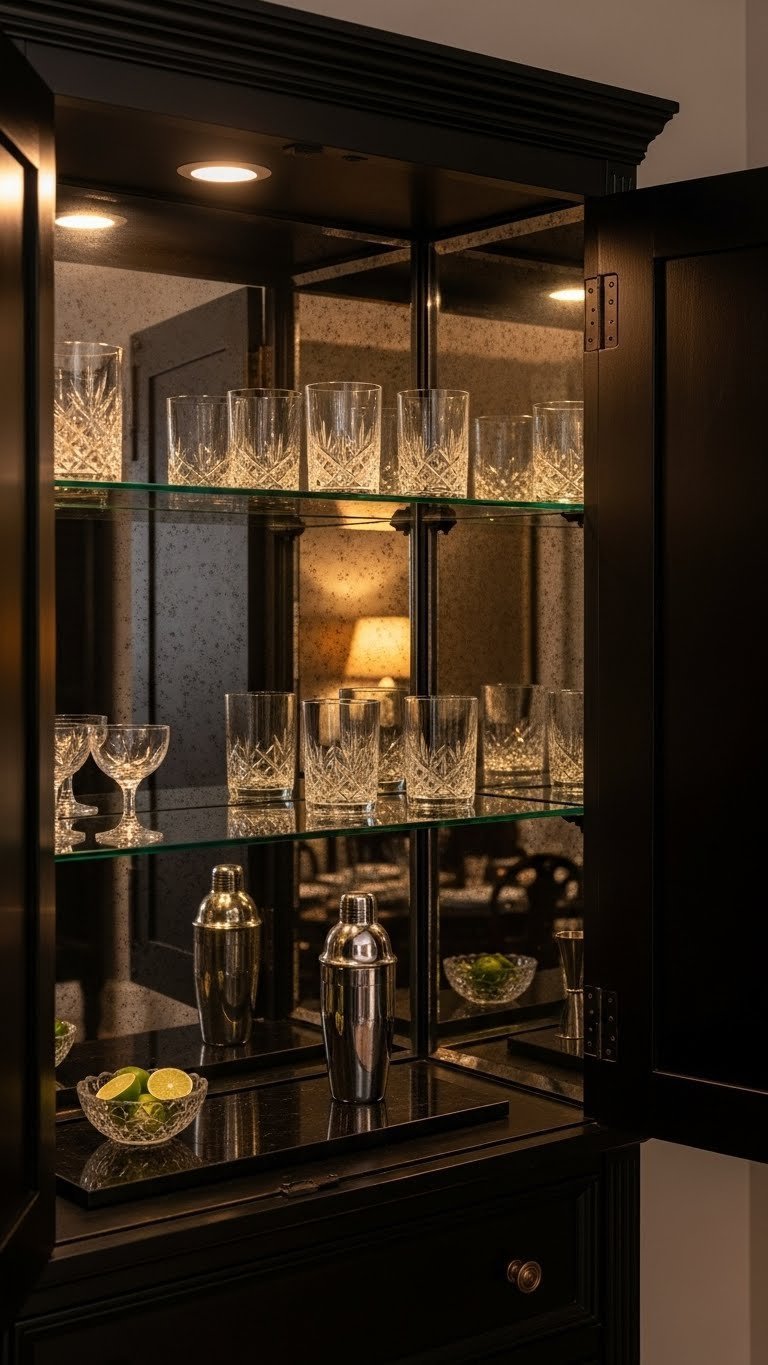 Black armoire coffee and drink bar with antique mirrored back reflecting crystal glassware and cocktail shaker.
