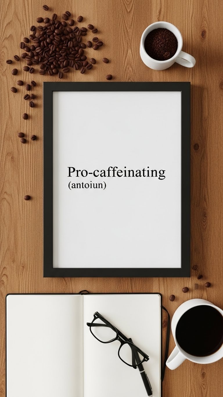 Black-framed humorous dictionary definition sign surrounded by spilled coffee beans and reading glasses