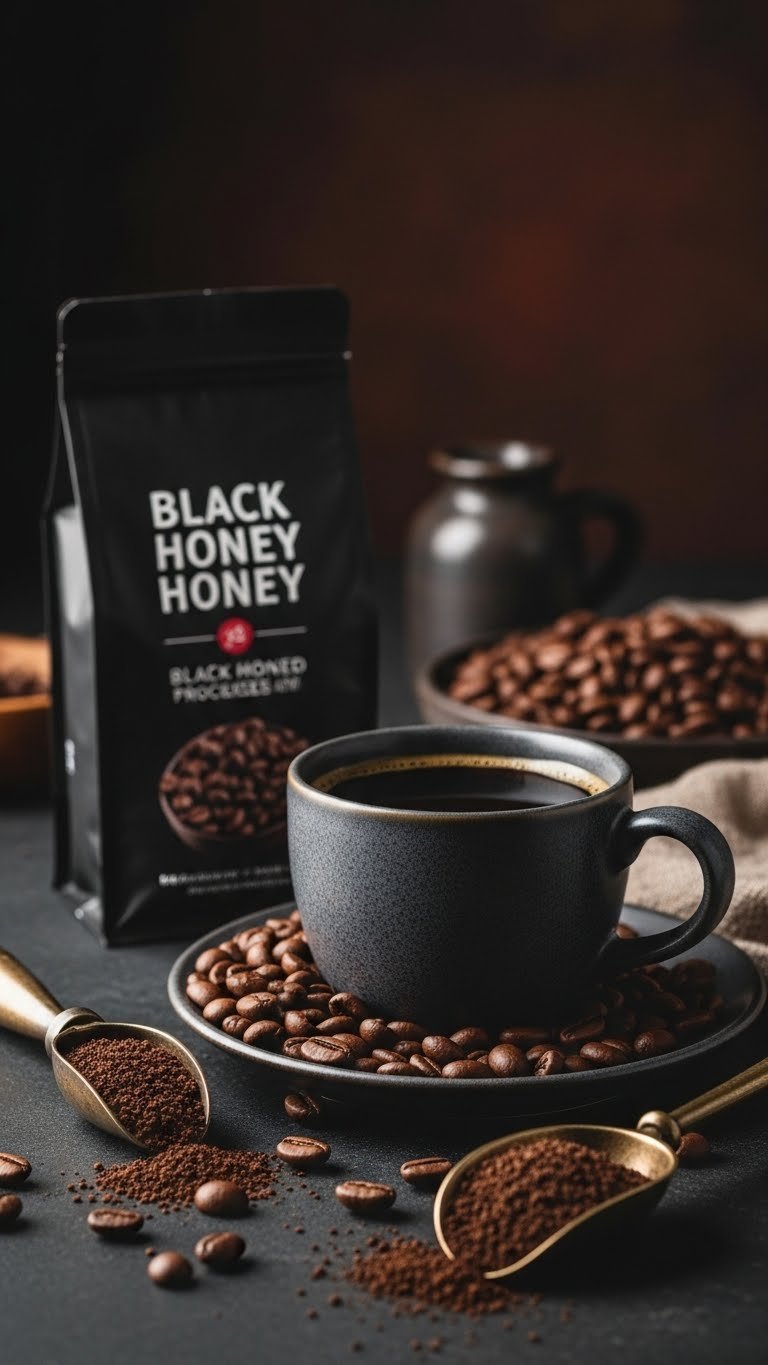 Black honey coffee beans on dark stone surface with robust coffee in stoneware mug