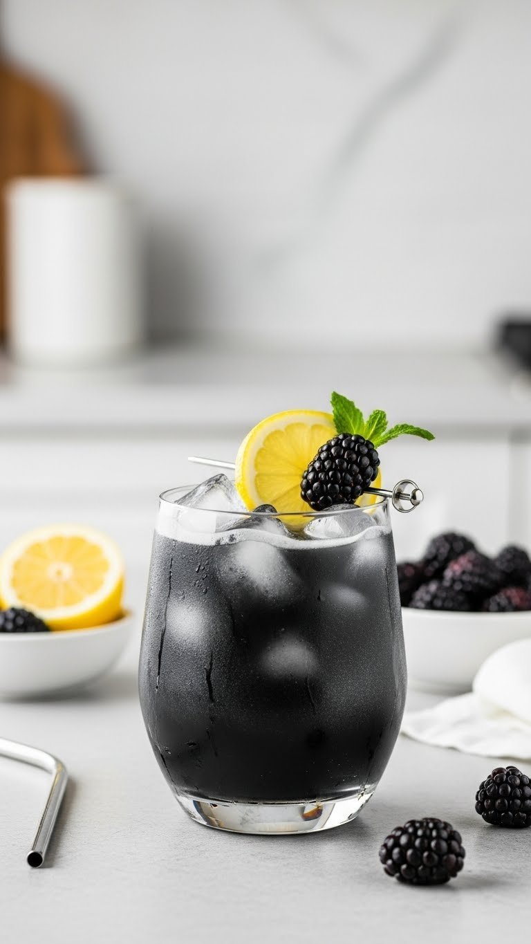 Black lemonade with silver shimmer in modern tumbler with lemon slice and blackberry garnish on stone countertop