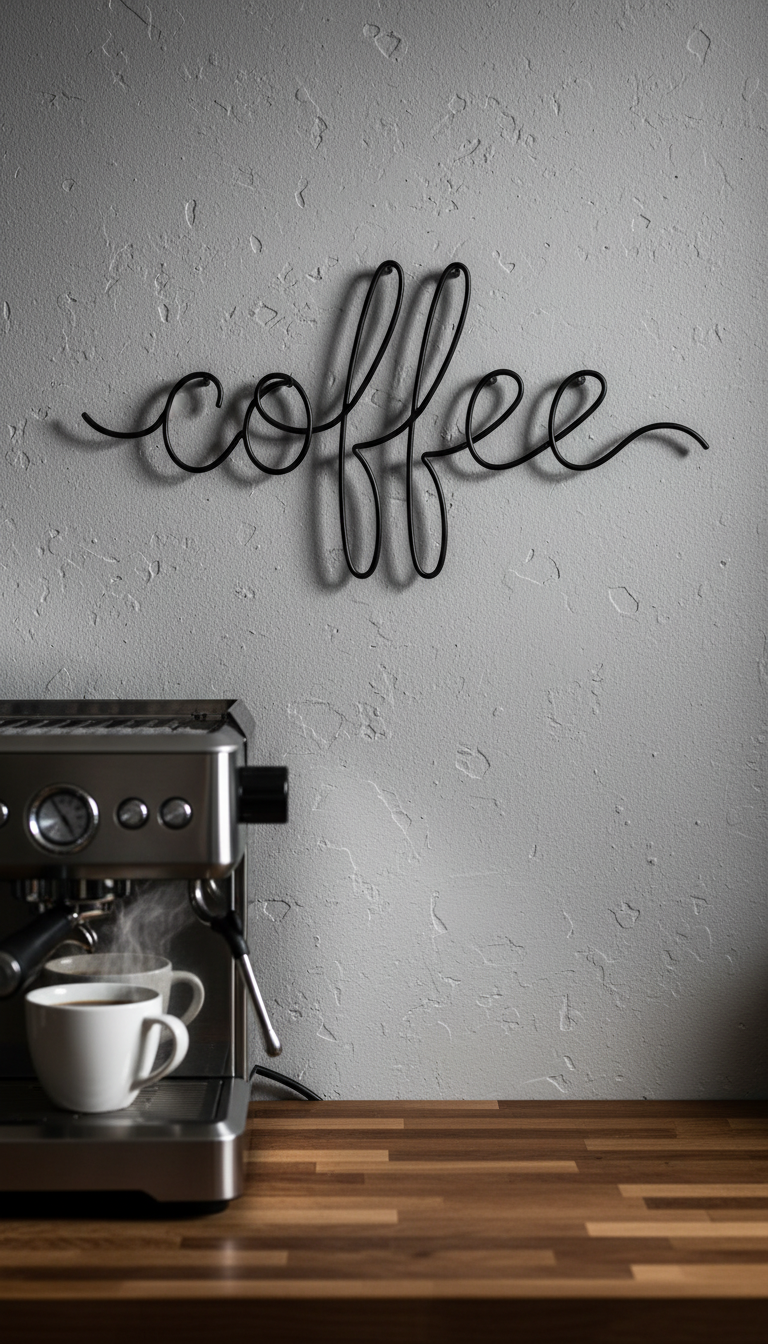 Black metal cursive coffee sign mounted on textured gray wall above espresso machine