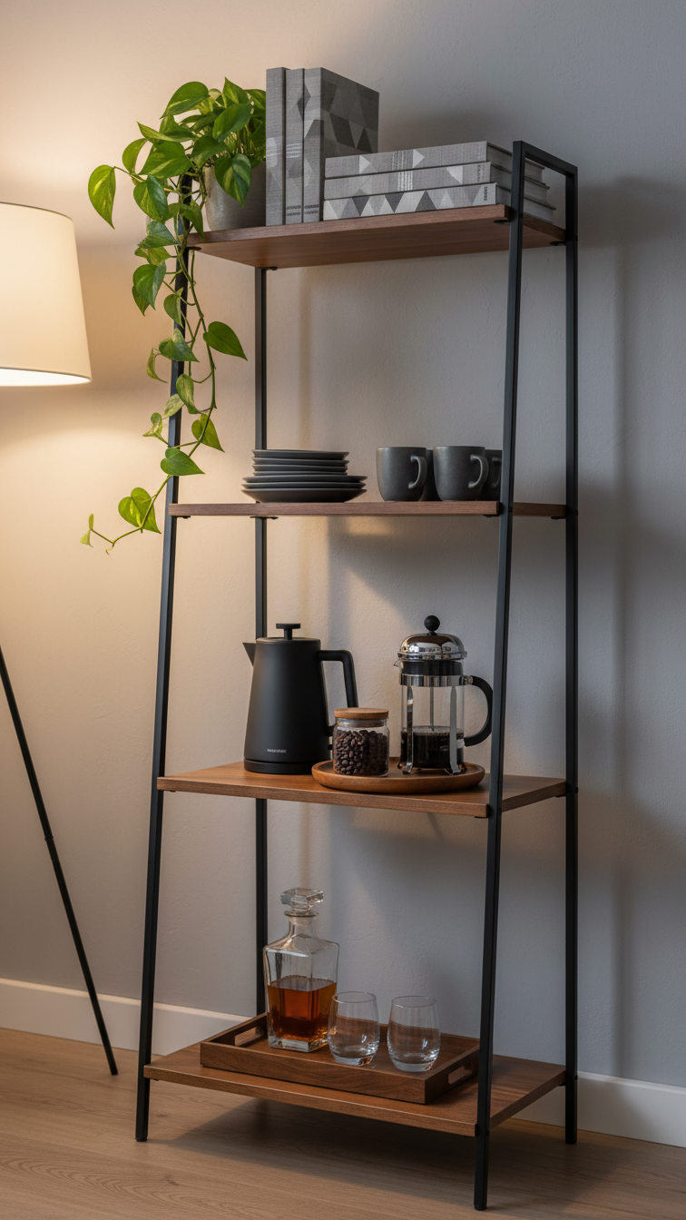 Black metal etagere bookshelf styled as elegant coffee station with French press and trailing pothos plant