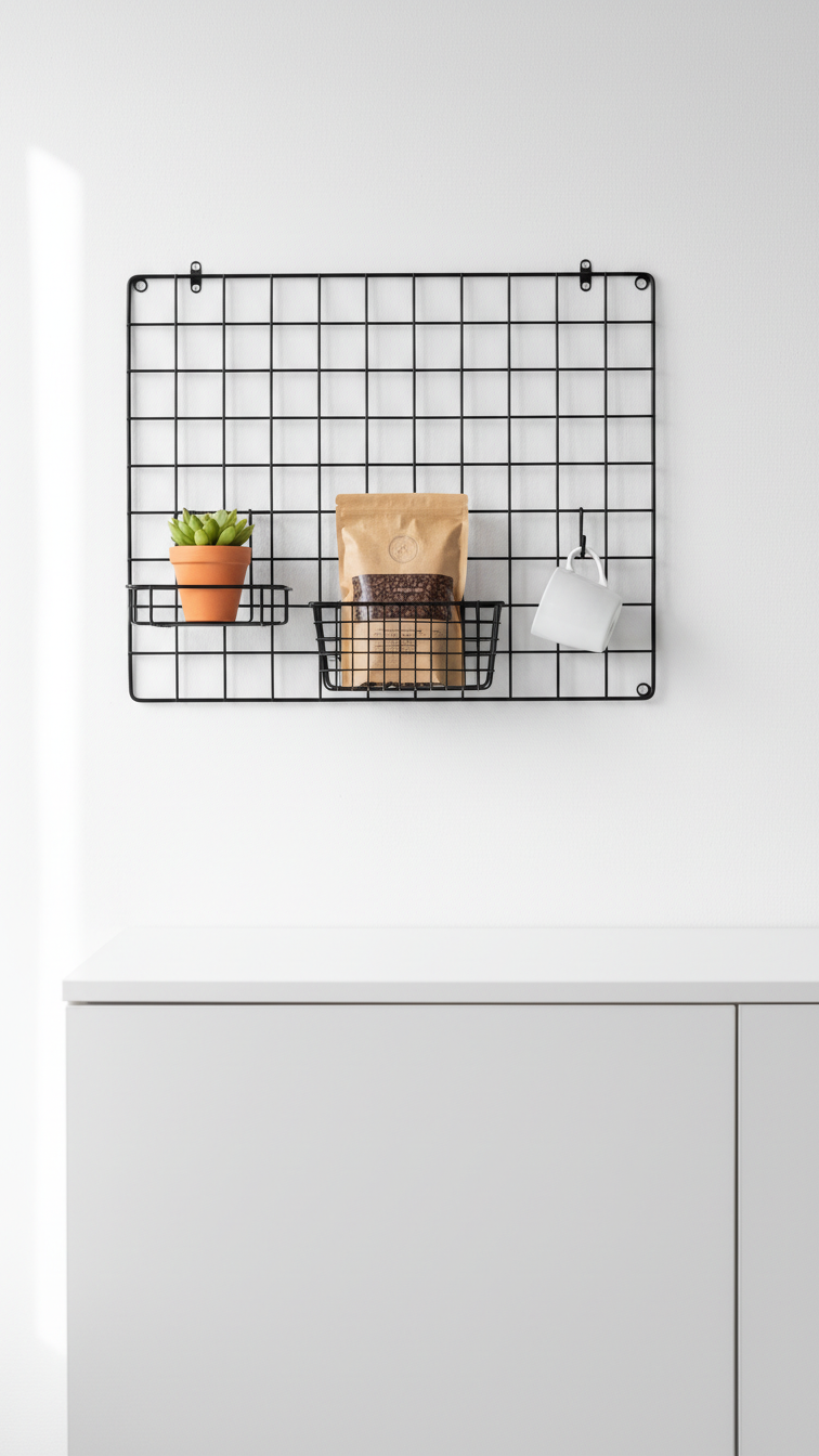 Black wire wall grid coffee organizer with coffee bean bag, white ceramic mug, and succulent plant above white cabinet.