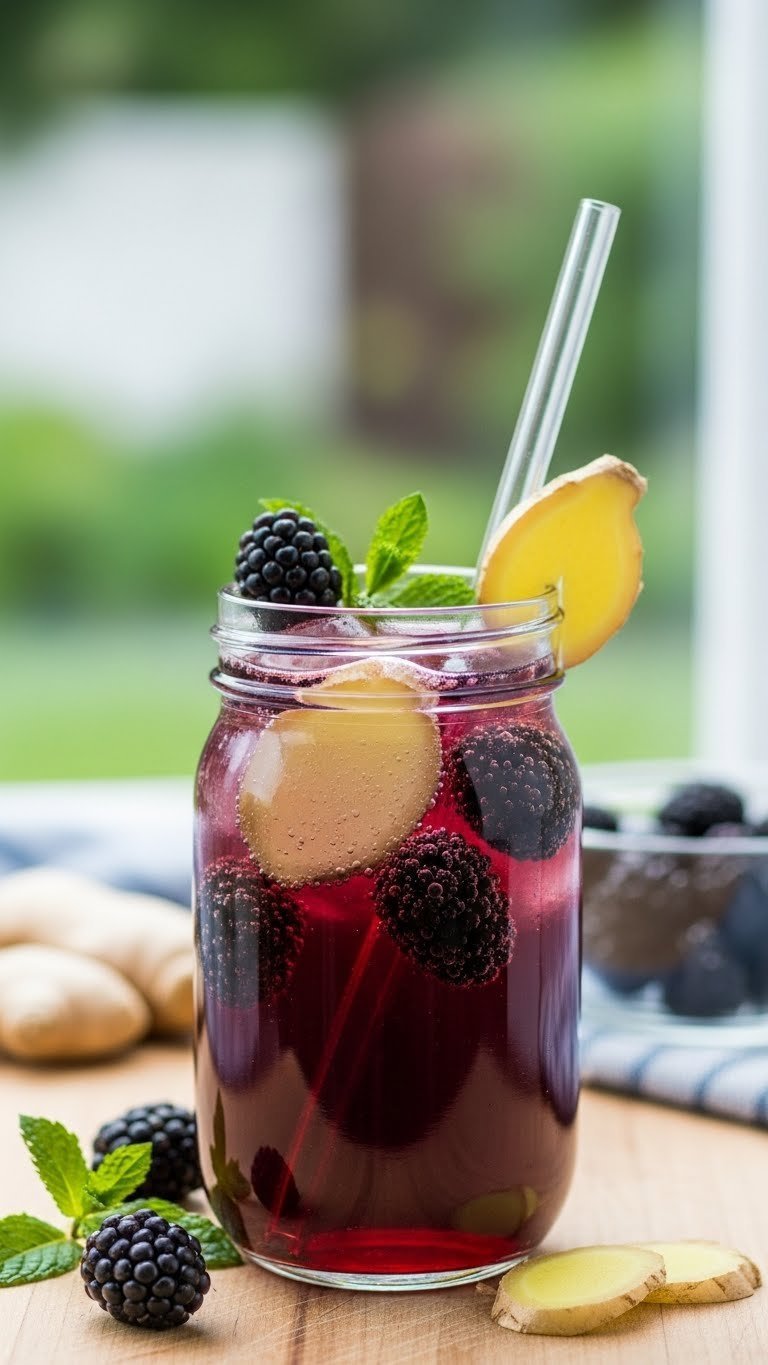 Blackberry ginger kombucha mocktail in mason jar with fresh berries and ginger slices floating