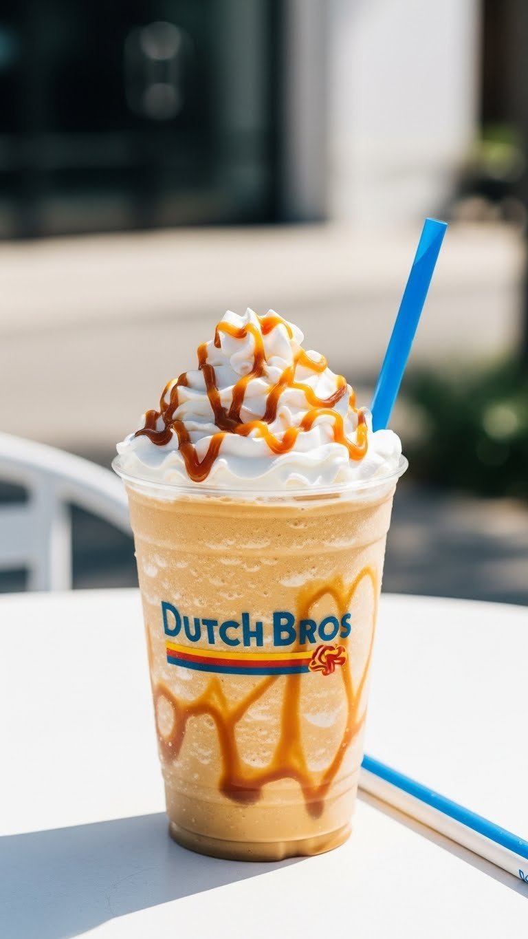 Blended Dutch Bros coffee freeze with whipped cream and caramel drizzle in clear plastic cup on minimalist table