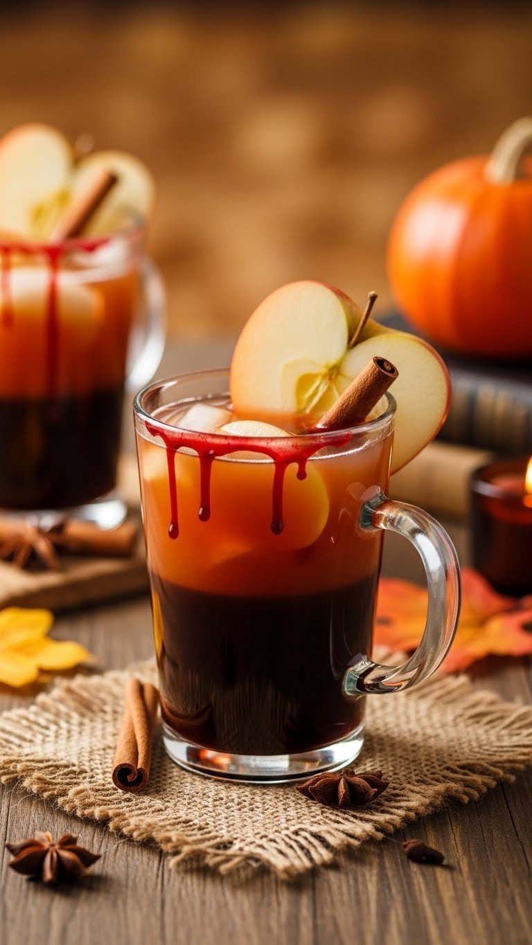 Bloody Apple Cider coffee with dark coffee and amber cider layers with blood drip effect