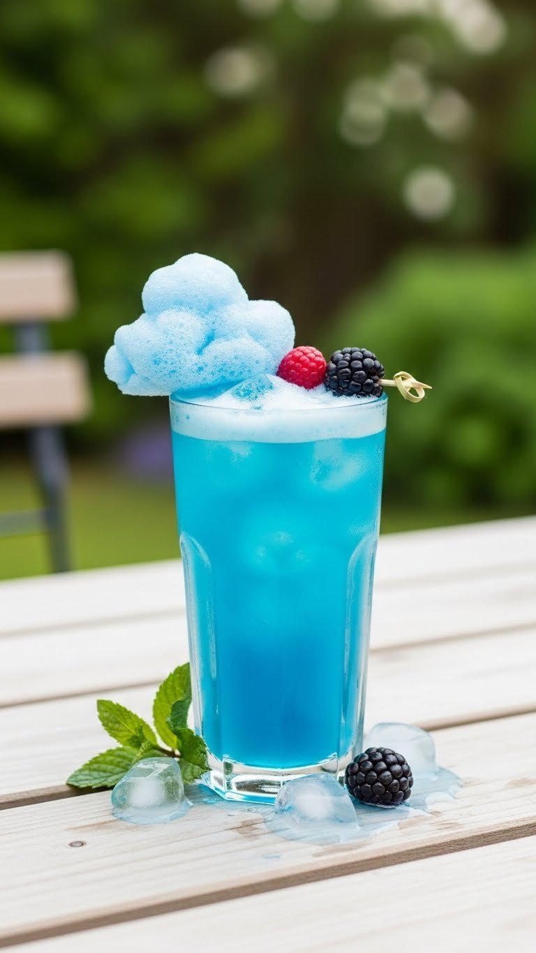Blue Cloud 9 mocktail with layered sky-blue drink and fresh berries in clear highball glass on wooden table