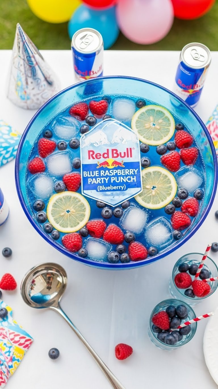 Blue raspberry Red Bull party punch bowl with fresh berries and lemon slices on white tablecloth