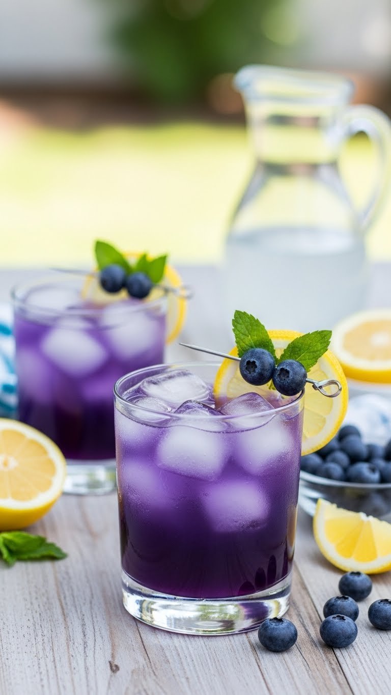 Blueberry lemonade vodka cocktail with fresh blueberries and lemon wheel garnish