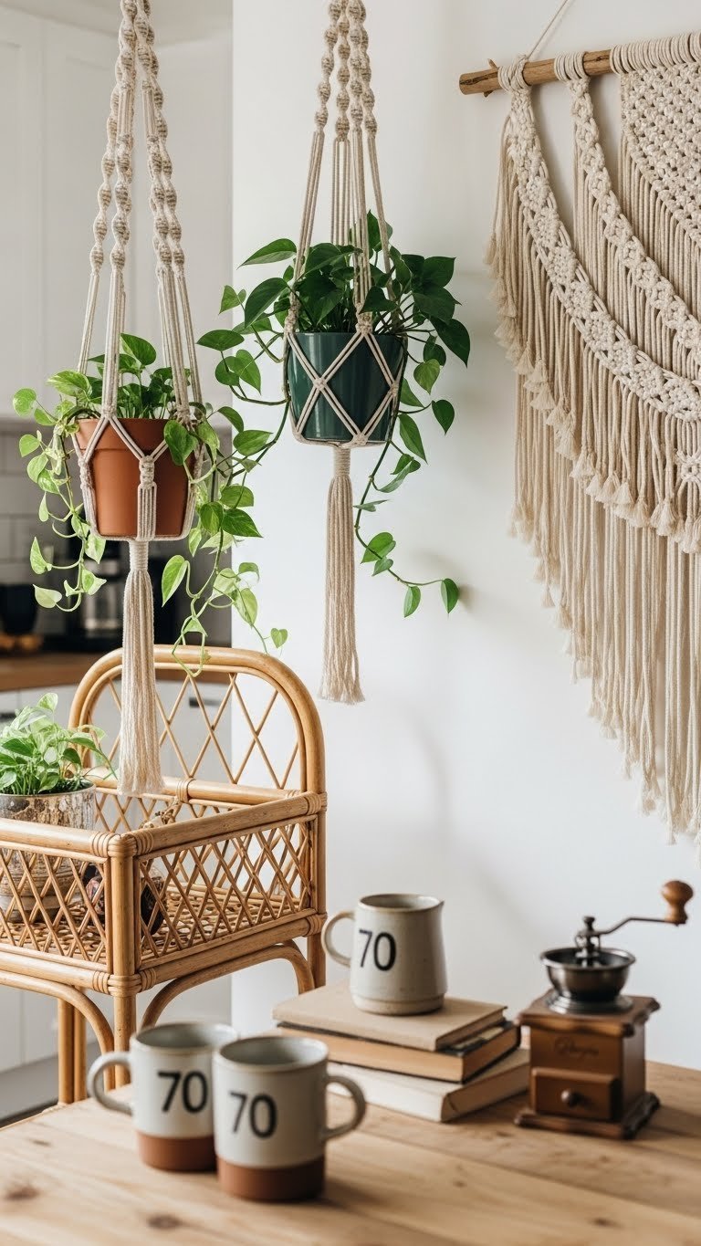 Bohemian 70s coffee corner with rattan bar cart and macrame plant hangers showcasing natural textures.