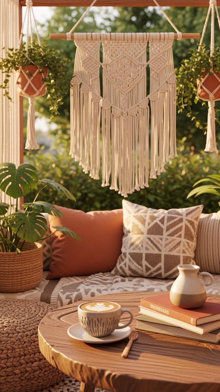 Boho chic Toca Boca coffee nook with earthy textures, macrame accents, and abundant green plants in golden hour light