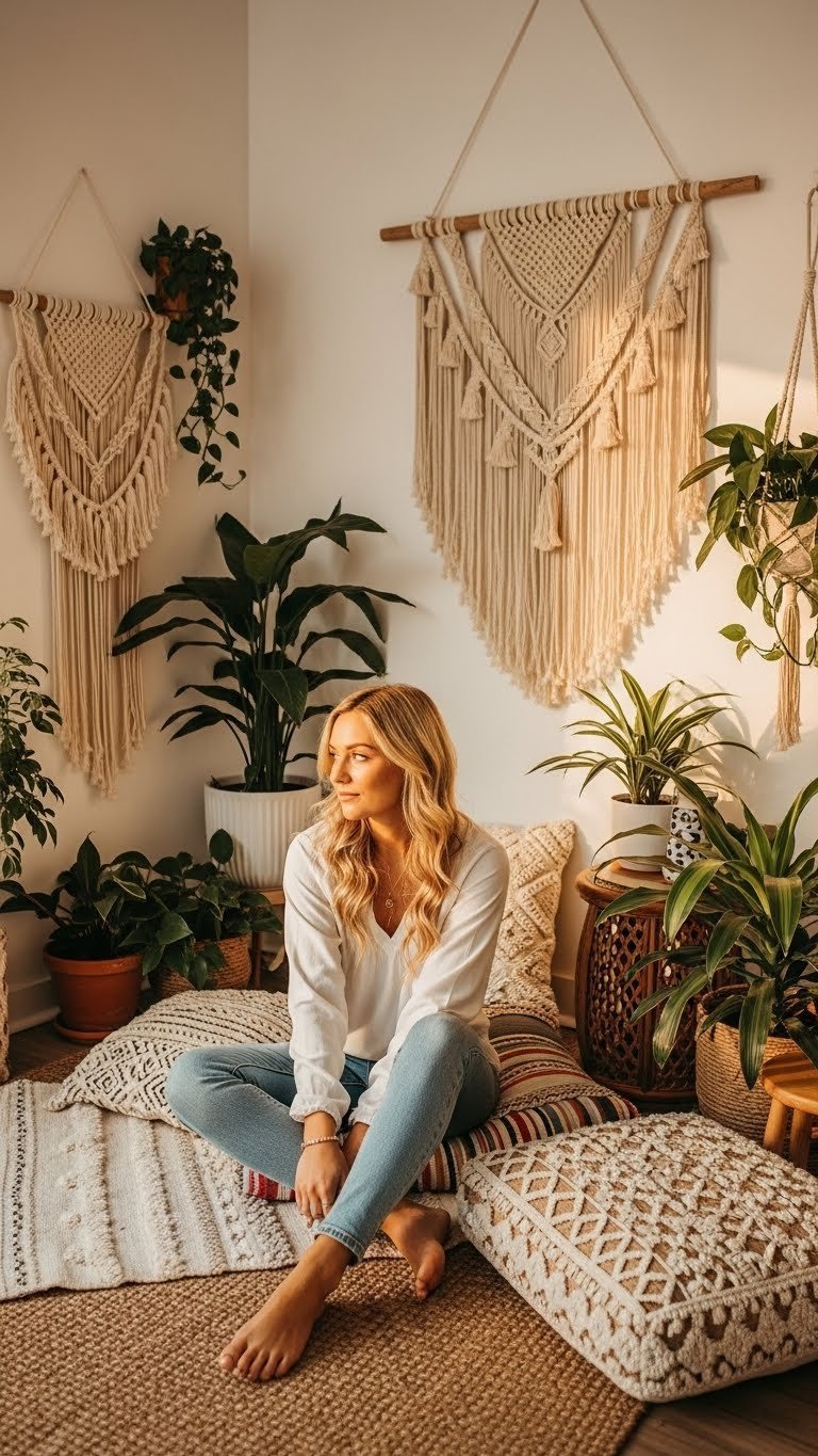 Boho chic coffee nook in Bloxburg featuring eclectic decor, macrame wall hangings, and warm golden hour lighting