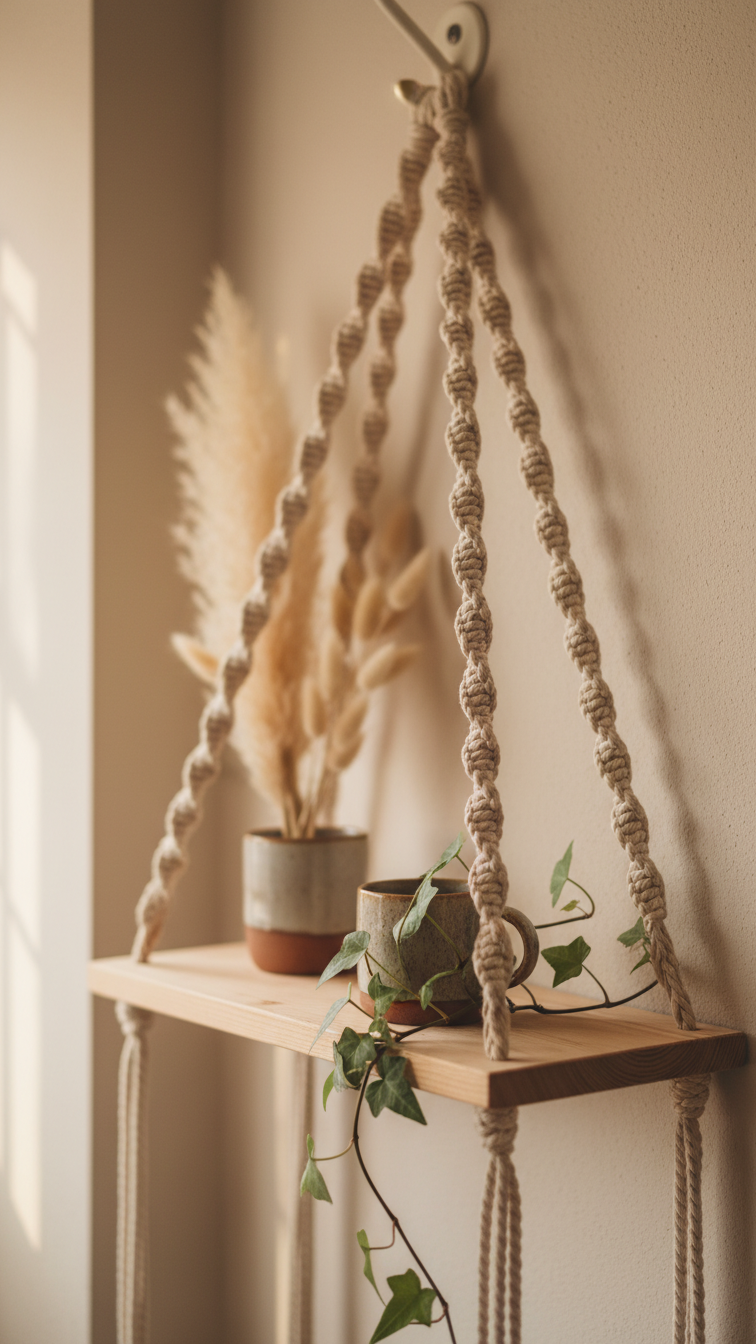 Boho-chic coffee nook with wooden plank shelf hanging from intricate macrame ropes featuring ceramic mug and ivy plant