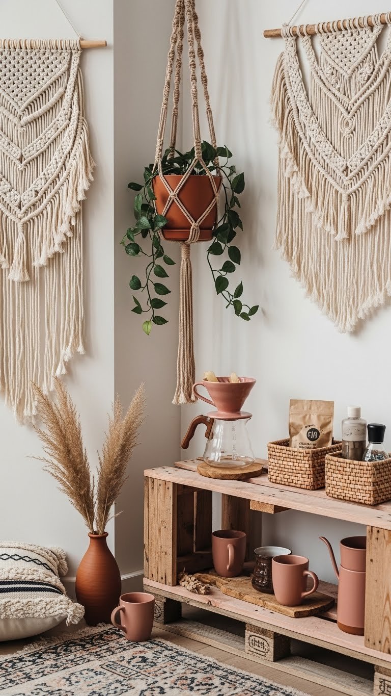 Boho chic dusty pink coffee corner with rustic wooden shelf and macrame plant hanger