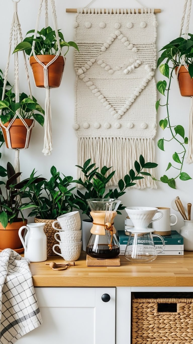 Boho chic greenery coffee station with lush plants, natural wood countertop, textured ceramic mugs, and minimalist pour-over coffee maker.