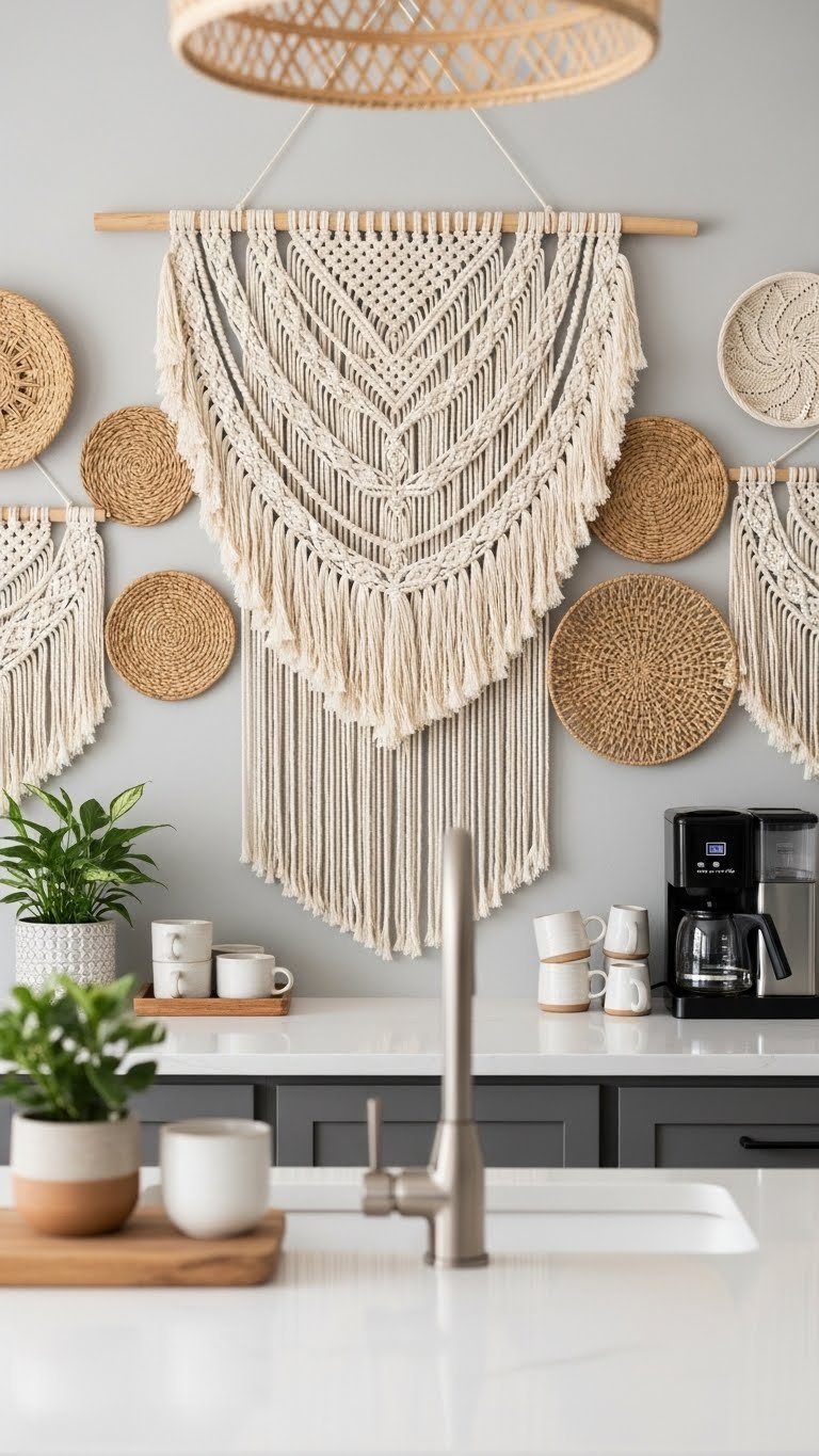 Boho coffee bar design featuring intricate macrame wall hanging backdrop with woven textures