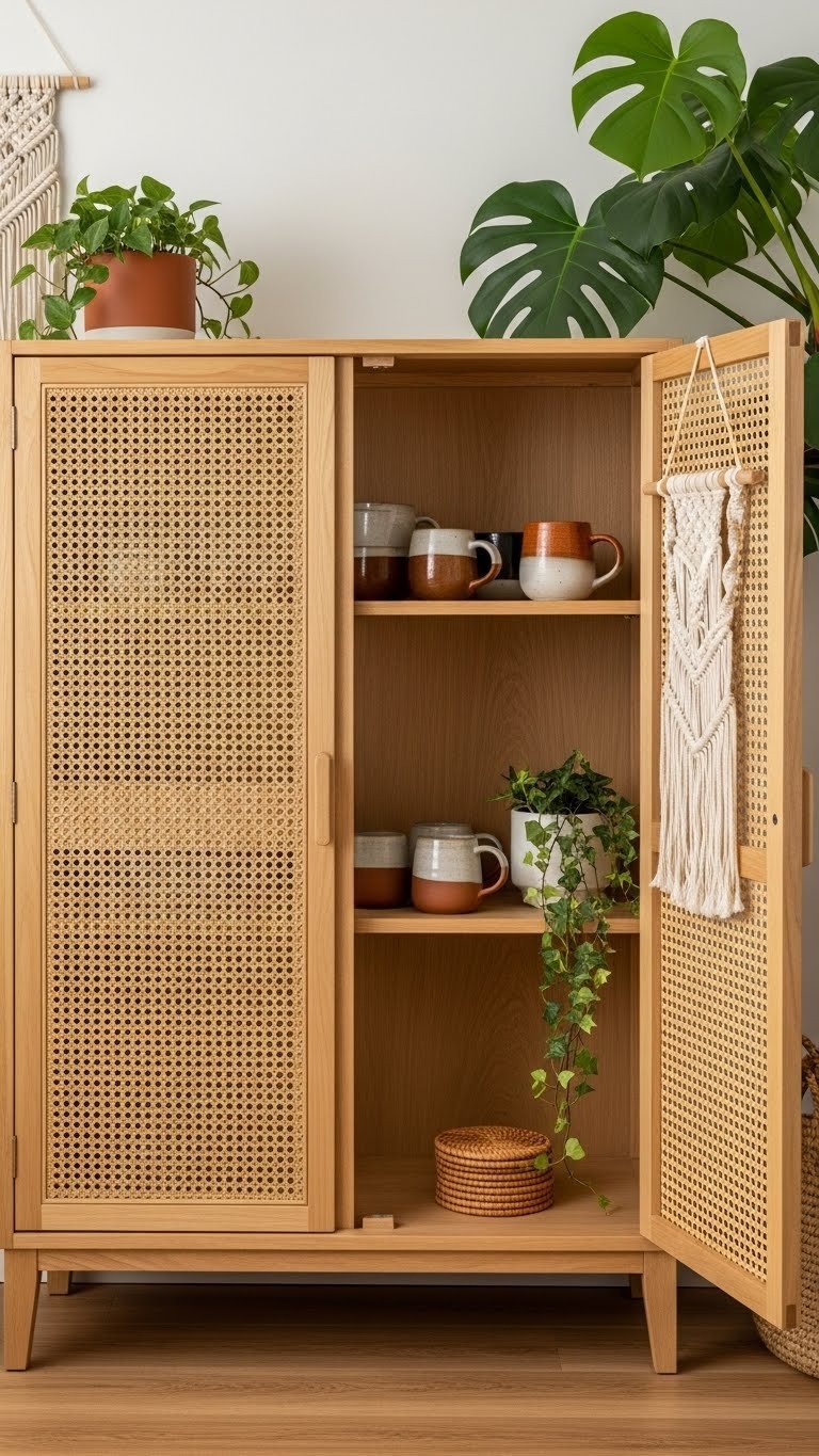 Boho-style rattan armoire coffee bar with light wood, ceramic mugs, and trailing ivy plant.