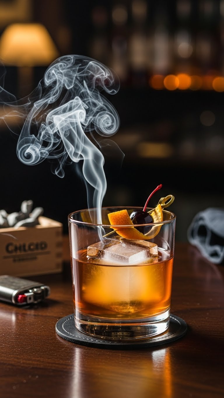Bold Smoked Old Fashioned cocktail in rocks glass with orange peel garnish and smoke effect on dark polished bar top.