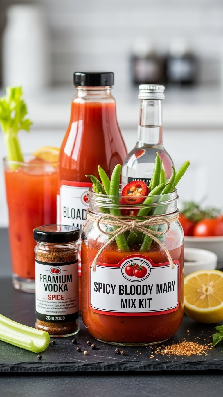 Bold Spicy Bloody Mary Mix kit with tomato juice, vodka, and pickled garnish on dark slate surface