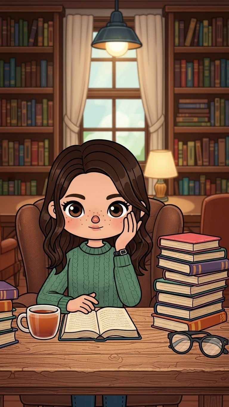 Bookworm's bistro Toca Boca coffee bar with packed bookshelves, reading nooks, and intellectual cafe atmosphere