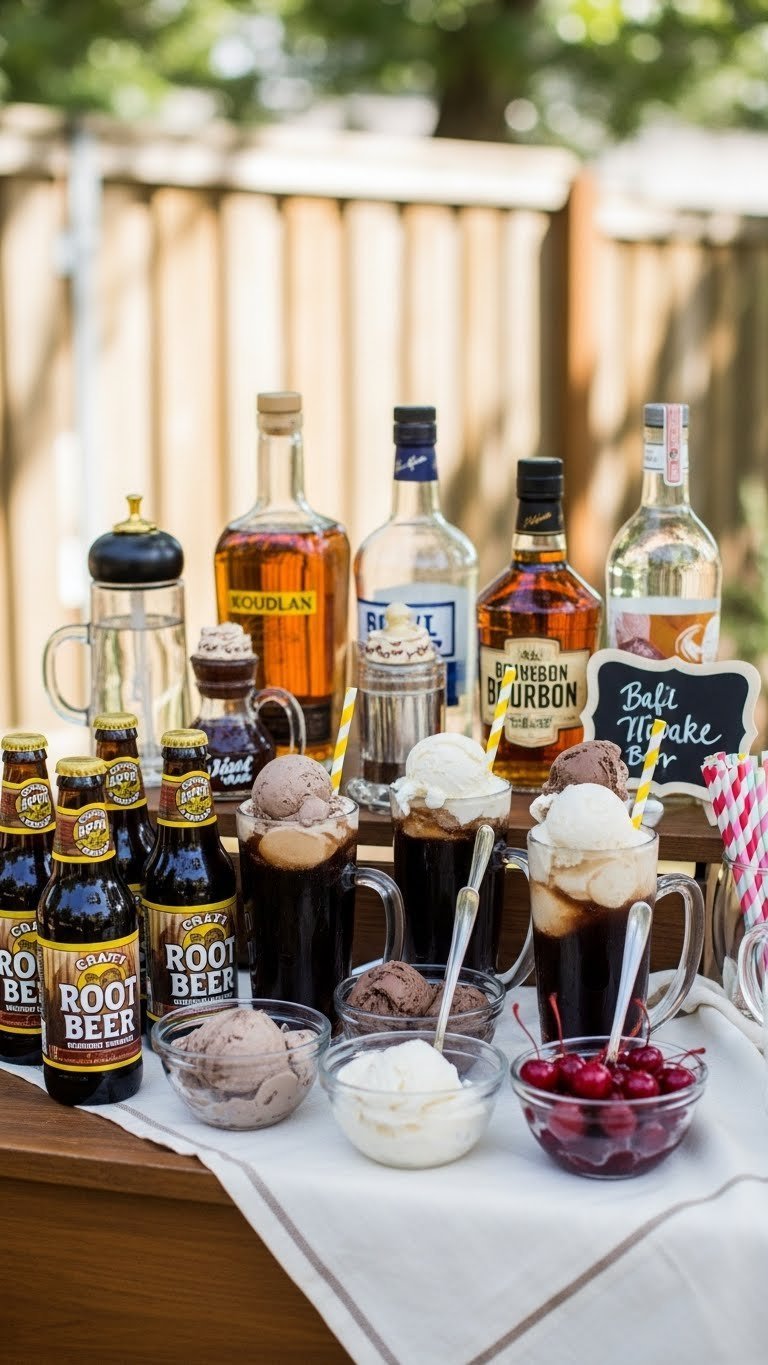 Boozy root beer float bar setup with craft sodas, ice cream flavors, and spirits on vintage wooden cart