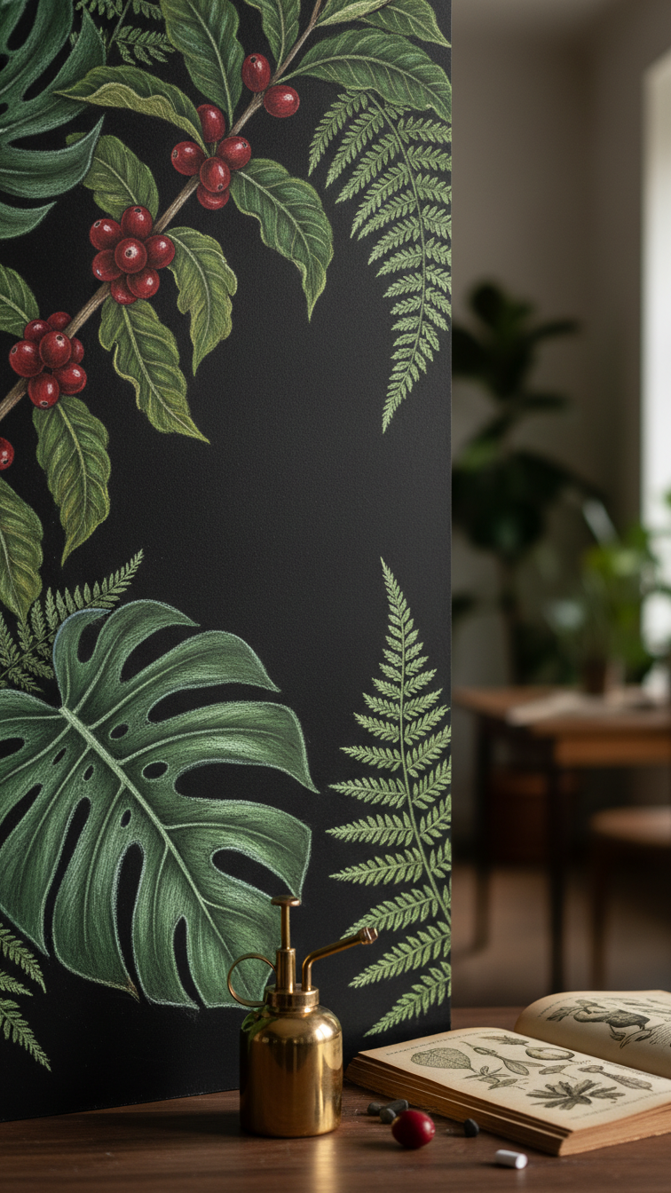 Botanical-themed chalkboard art with monstera leaves and coffee plant illustrations on dark walnut surface with brass mister