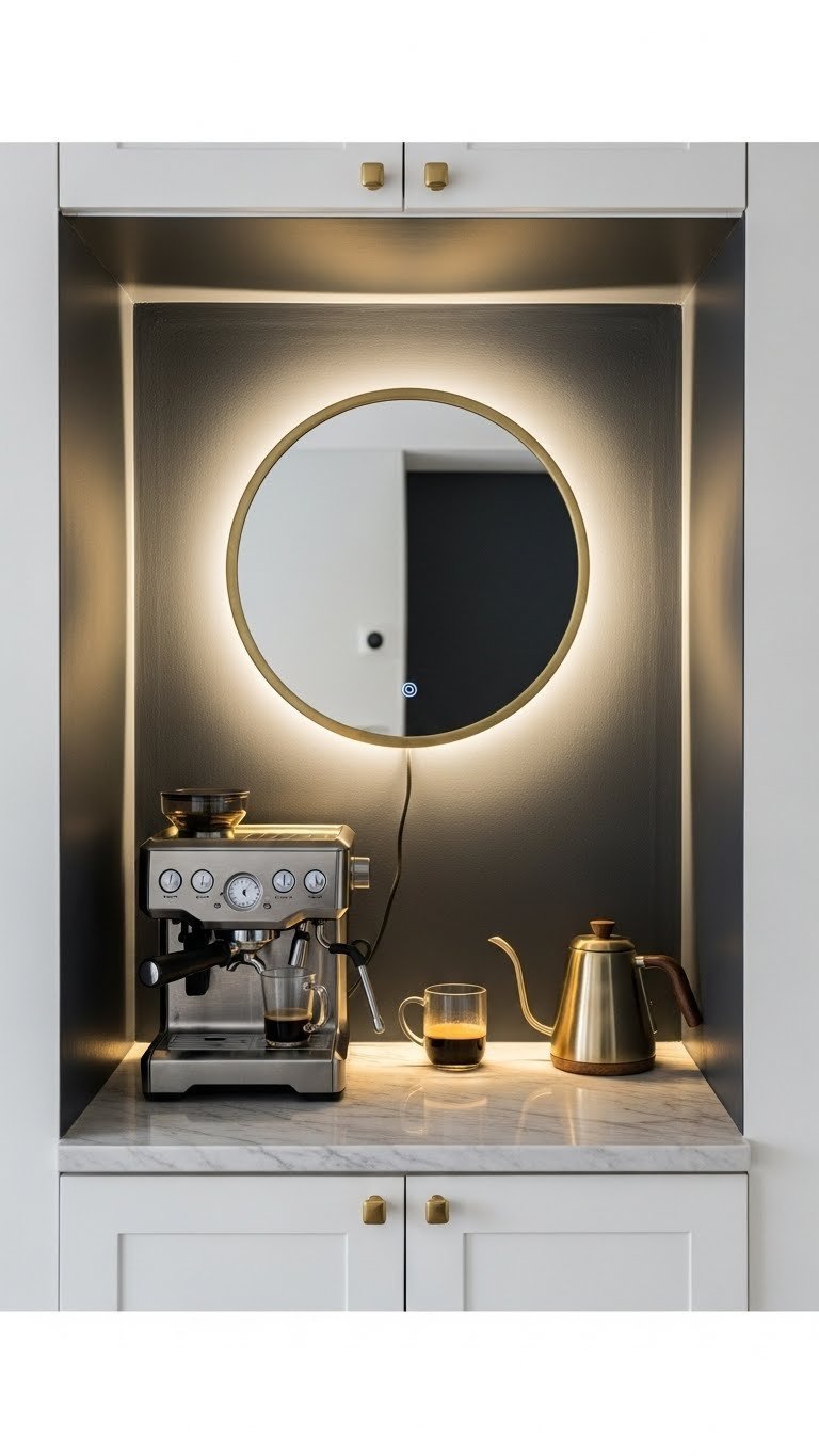 Brass-framed mirror with built-in LED backlight casting halo effect over art-deco coffee bar nook