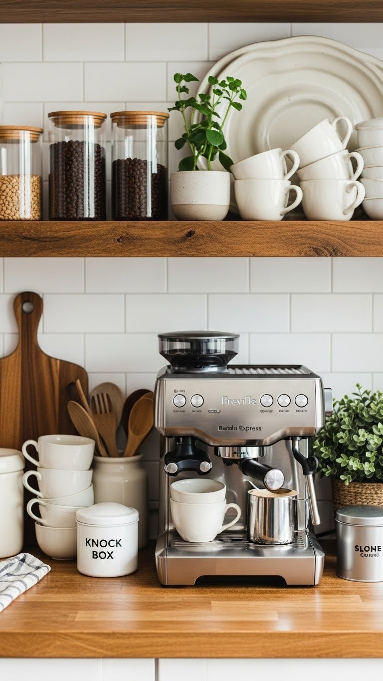 Breville Barista Express coffee station with glass canisters and ceramic mugs on rustic wooden shelf against white backsplash