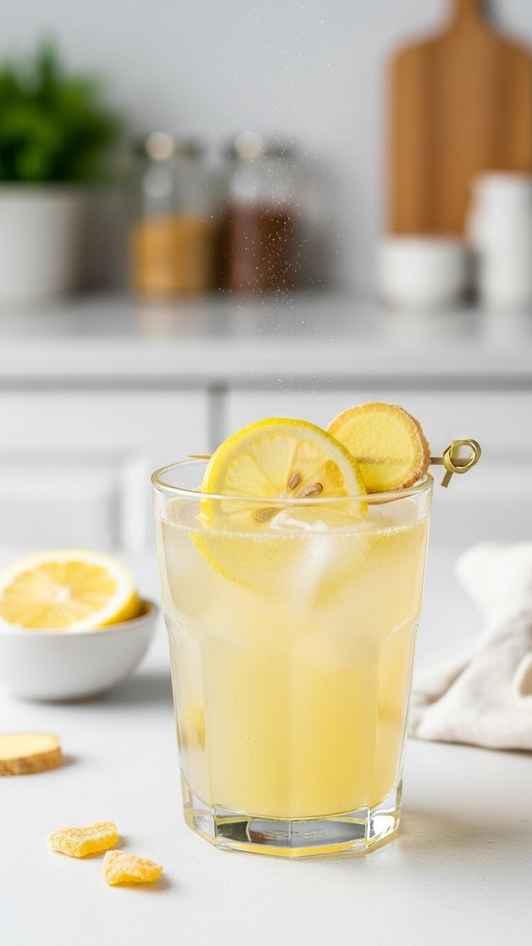 Bright Lemon Ginger Fizz mocktail in clear glass with lemon wheel and candied ginger garnish on white table