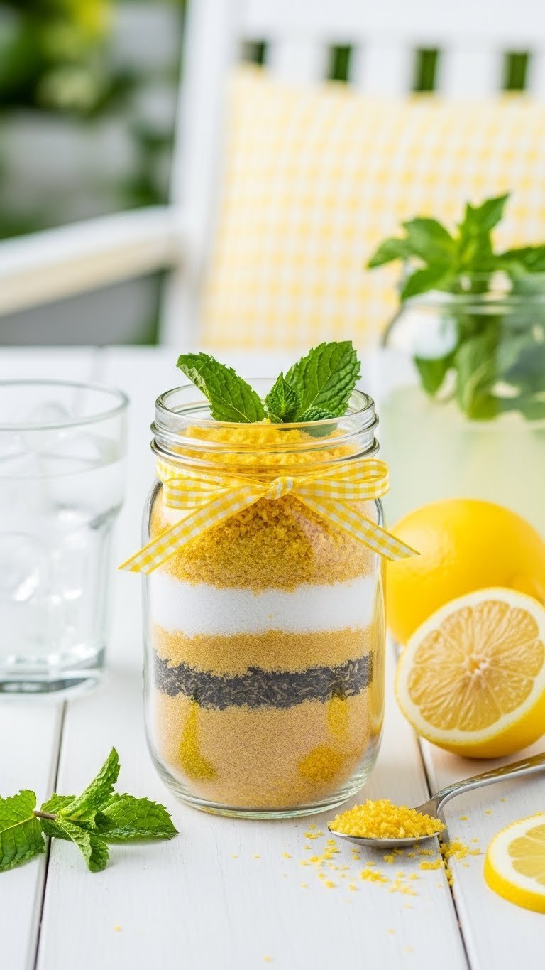 Bright Refreshing Lemonade Mix jar with sugar, citric acid, and dried mint on white outdoor patio setting