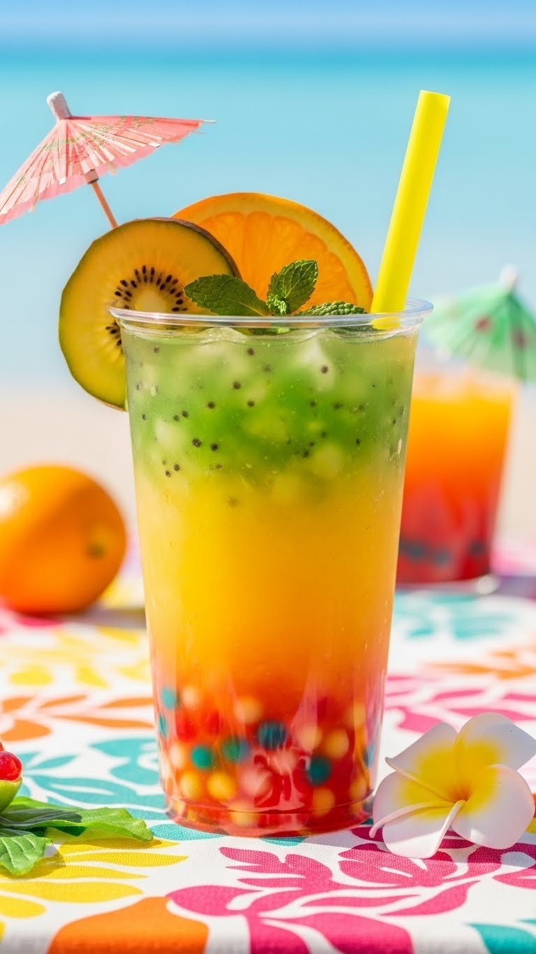 Bright Tropical Paradise Punch boba with orange-yellow-green layers and fruit slices on colorful tablecloth