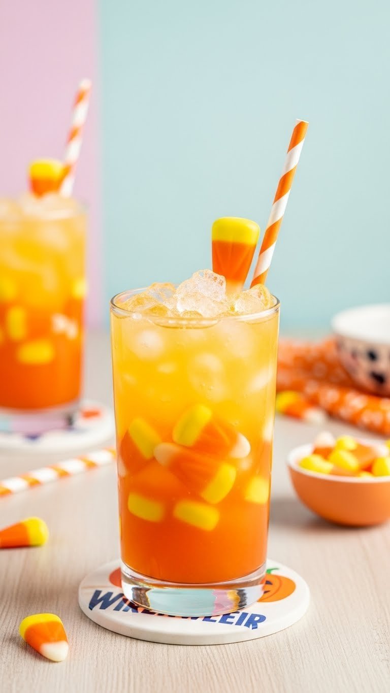 Bright candy corn layered mocktail in tall glass with yellow, orange, and white segments on wooden table
