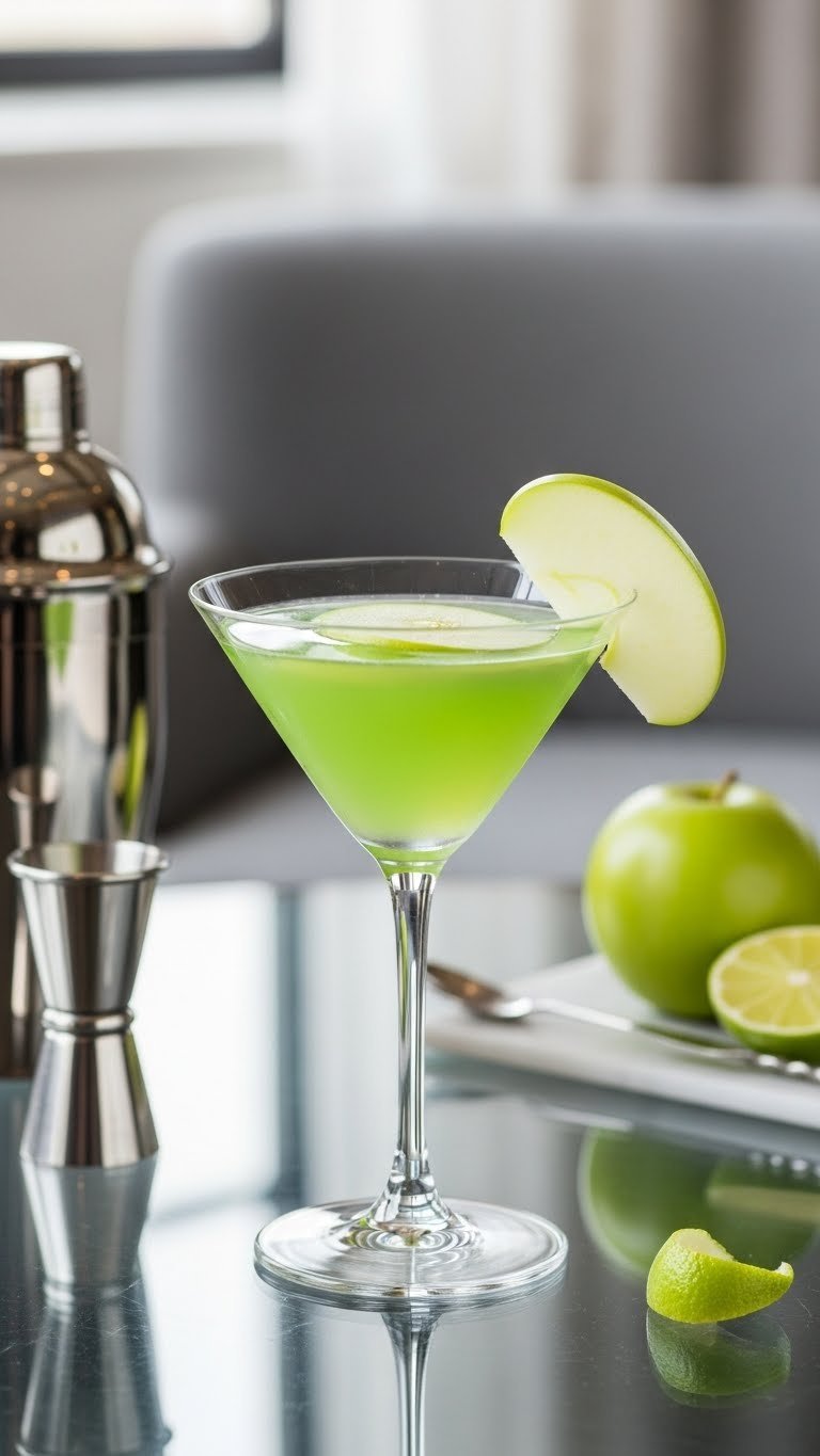 Bright green Appletini in martini glass with floating apple slice on modern glass tabletop setting.