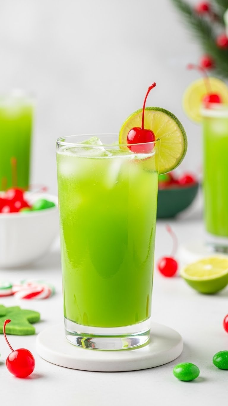 Bright green Grinch spritzer in tall glass with red cherry and lime wedge garnish on white surface