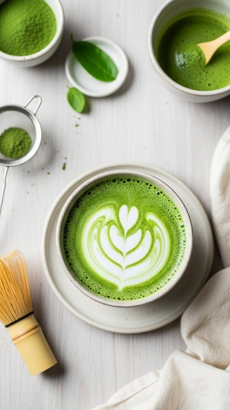 Bright matcha green tea latte in ceramic bowl with bamboo whisk on light wooden surface