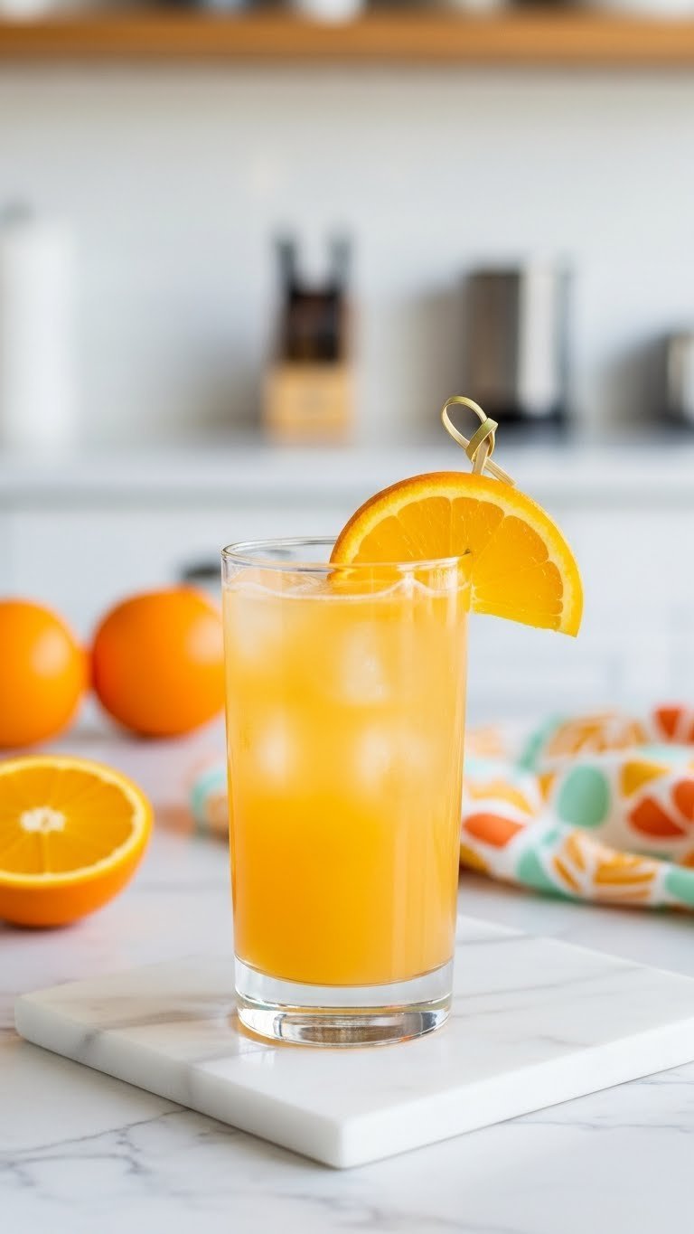 Bright orange Fuzzy Navel cocktail in highball glass with orange slice garnish on modern marble slab