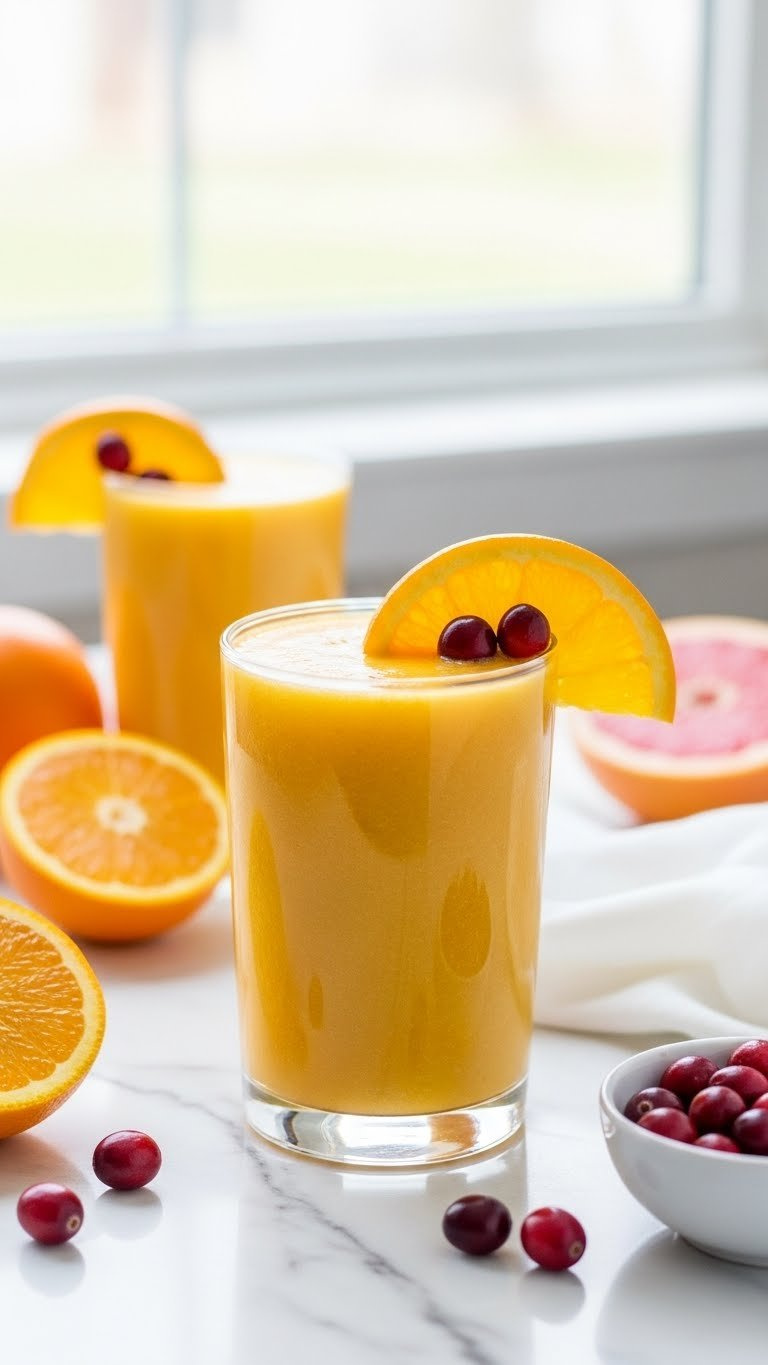 Bright orange immunity citrus burst smoothie garnished with orange slice and cranberries in transparent glass on marble