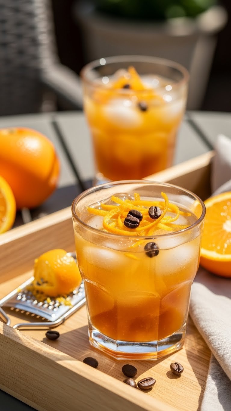 Bright orange zest iced coffee garnished with vibrant orange zest strips and coffee beans on light wooden tray
