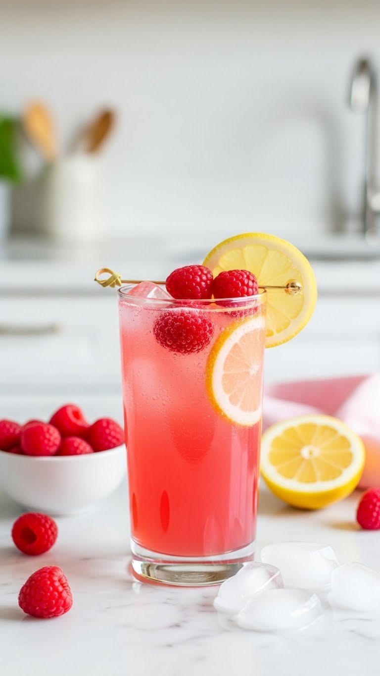 Bright pink raspberry lemonade fizz in tall glass with fresh raspberries and lemon slice on white marble